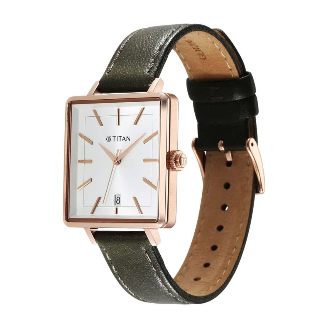 Titan Minimalists Quartz Analog with Date Silver Dial Black Leather Strap Watch for Women 94205WL02 / NS94205WL02