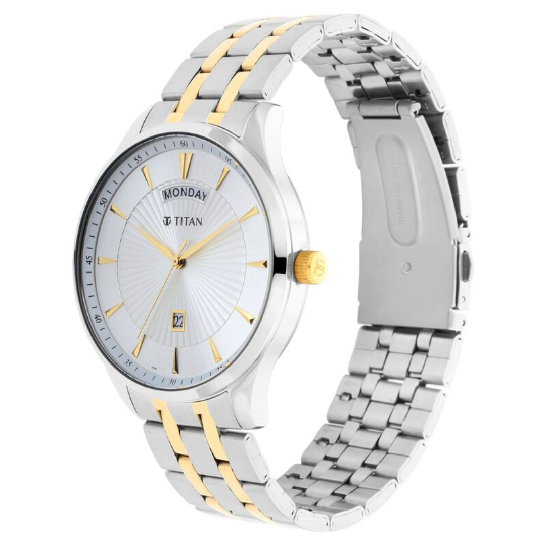 Titan Regalia Opulent White Dial Analog with Day and Date Stainless Steel Strap Watch for Men 90127BM01 / NS90127BM01