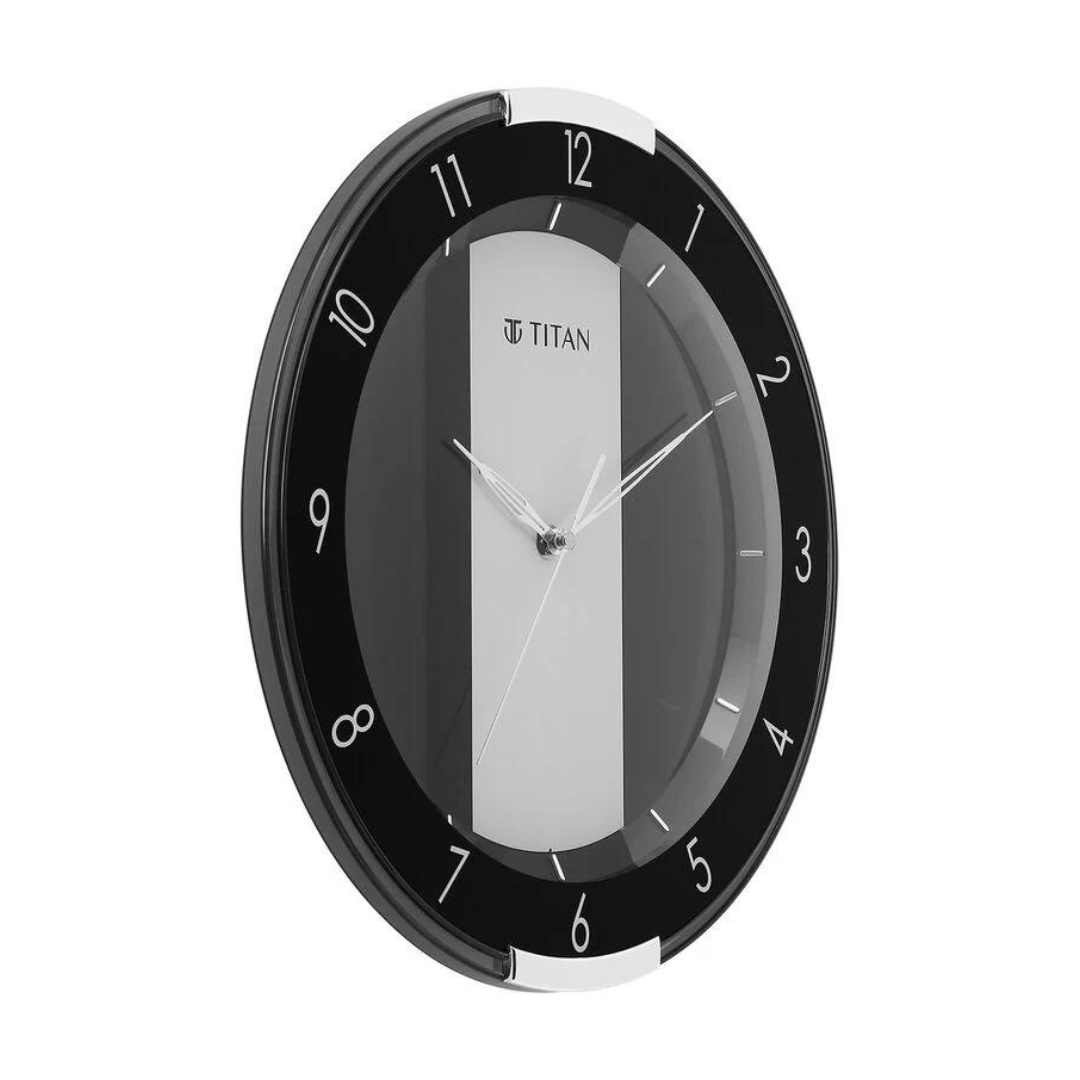 Titan Contemporary Black Wall Clock with a partly Semi-transparent Dial 33.80 x 33.80 cm (Medium Size) W0079PA01