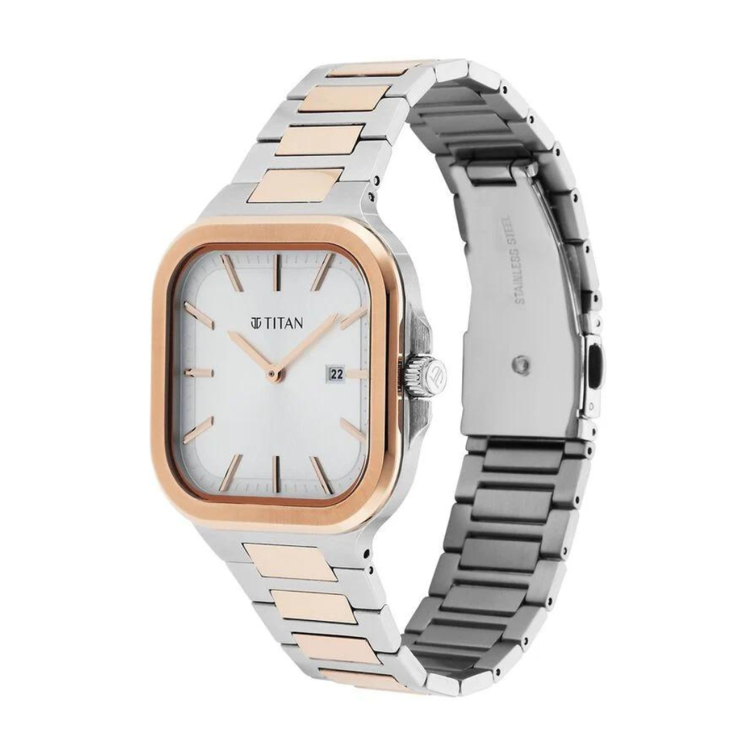 Titan Classique Slim Square Quartz Analog with Date Silver Dial Stainless Steel Strap Watch for Men 90176KM01