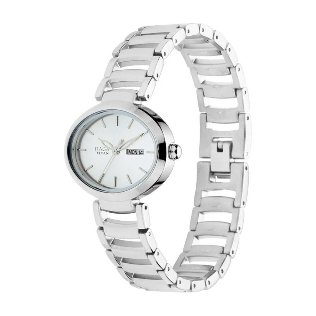 Titan Raga Viva Silver Dial Analog with Day and Date Metal Strap Watch for Women 2620SM01