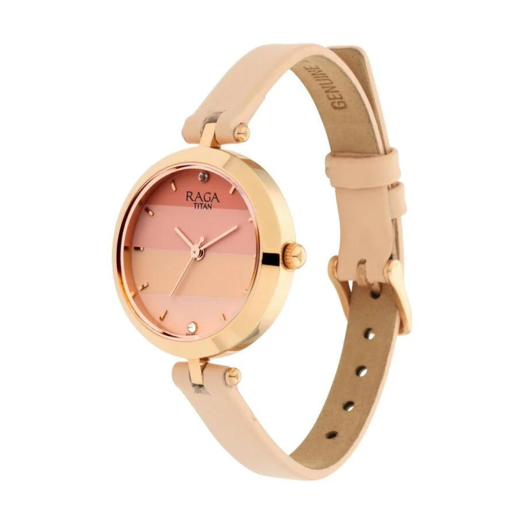 Titan Raga Women's Blossom Elegance Pastel Pink Dial & Leather Grace Watch 2606WL02