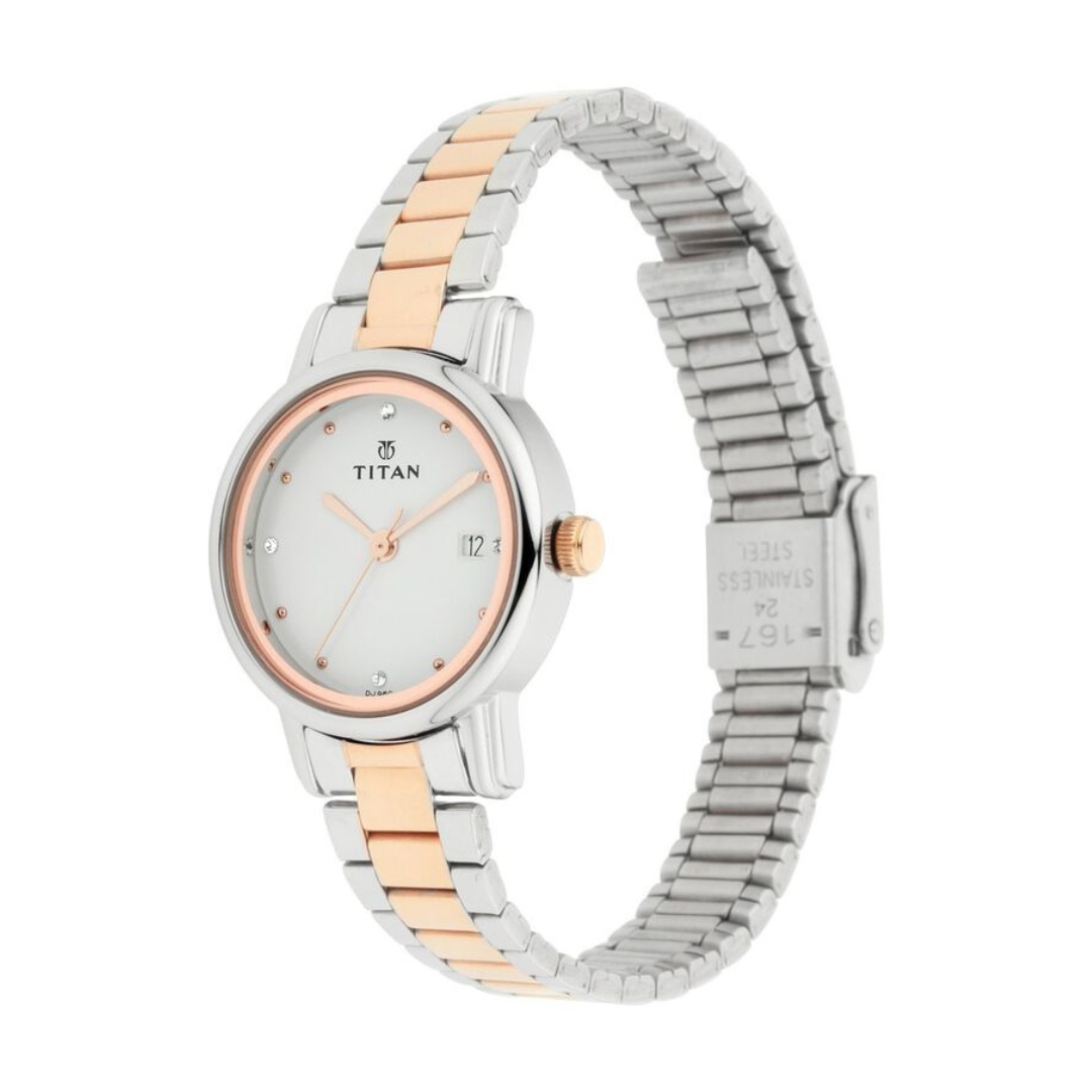 Titan Quartz Analog with Date White Dial Stainless Steel Strap Watch for Women 2572KM01