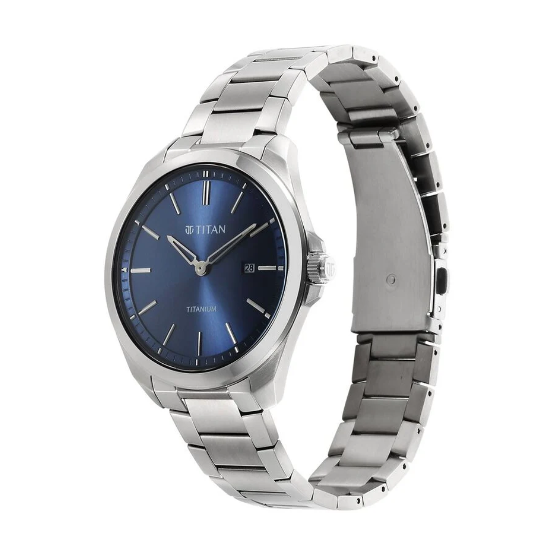 Titan Titanium Quartz Analog Blue Dial Stainless Steel Strap Watch for Men 90177TM01