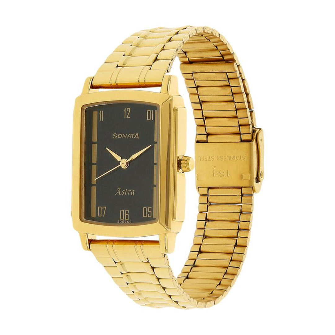 Black Dial Golden Stainless Steel Strap Watch 77059YM03J (SDG269)