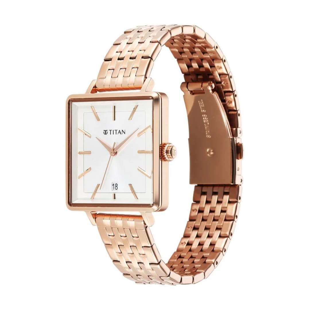 Titan Minimalists Quartz Analog with Date Silver Dial Rose Gold Stainless Steel Strap Watch for Women 94205WM02 / NS94205WM02