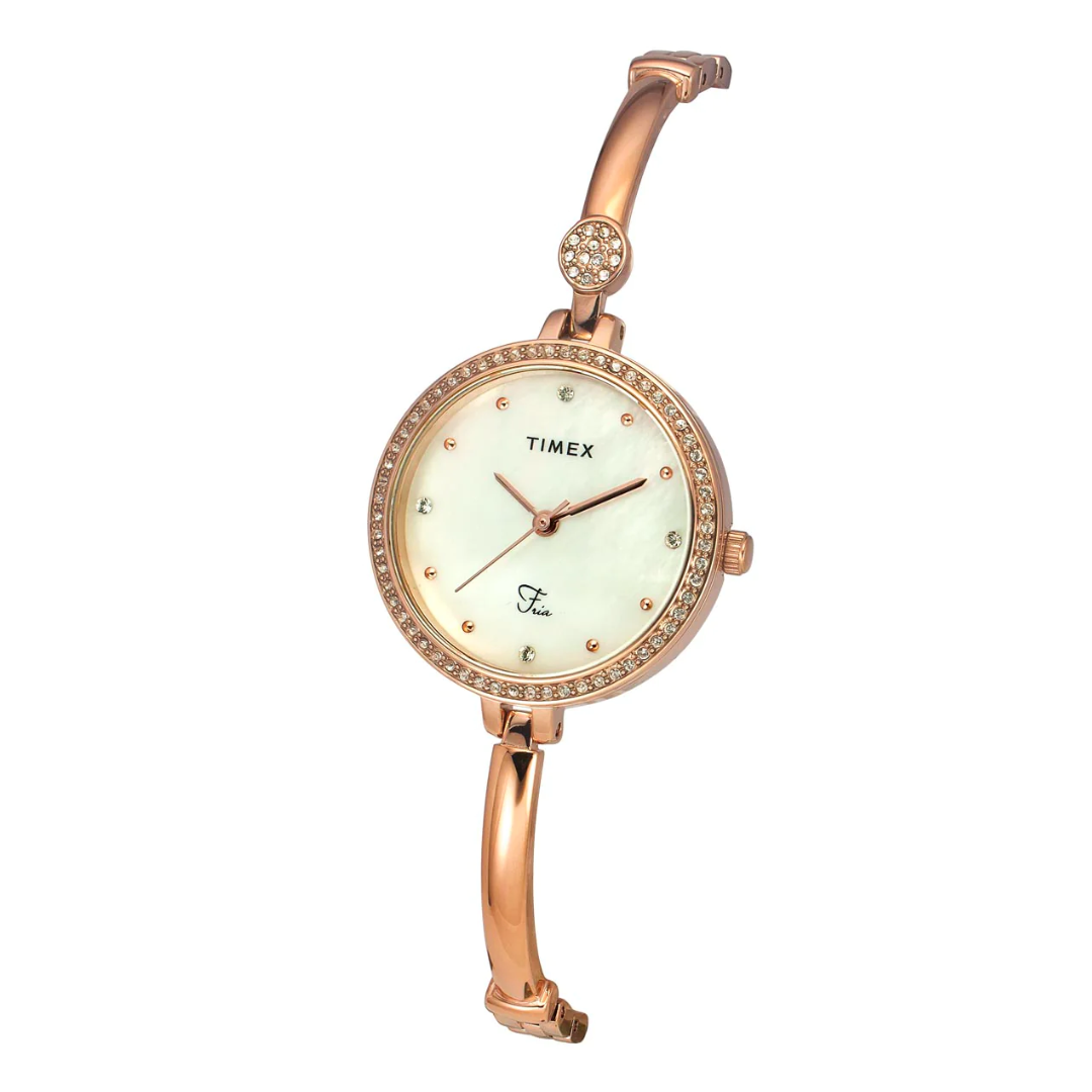 Timex Fria Women's Off White Dial Round Analog Brass Dial Watch TWEL18402