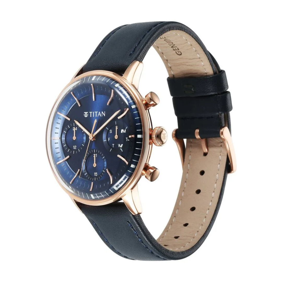 Titan Light Leathers Quartz Multifunction Blue Dial Stainless Steel Strap Watch for Men 90171WL01