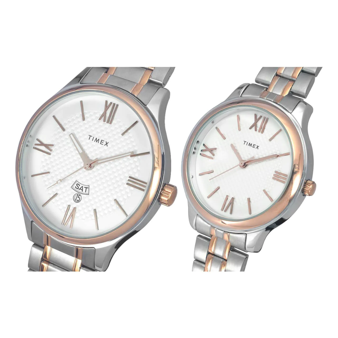 Timex Empera Pairs Silver Dial Round Case Day-Date + 3 Hands Function Watch TIMEX PAIR L+G TW00PR285