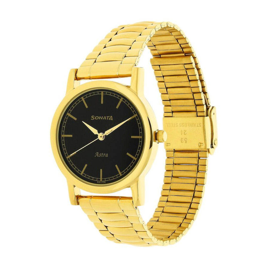 Black Dial Golden Stainless Steel Strap Watch NR77049YM02