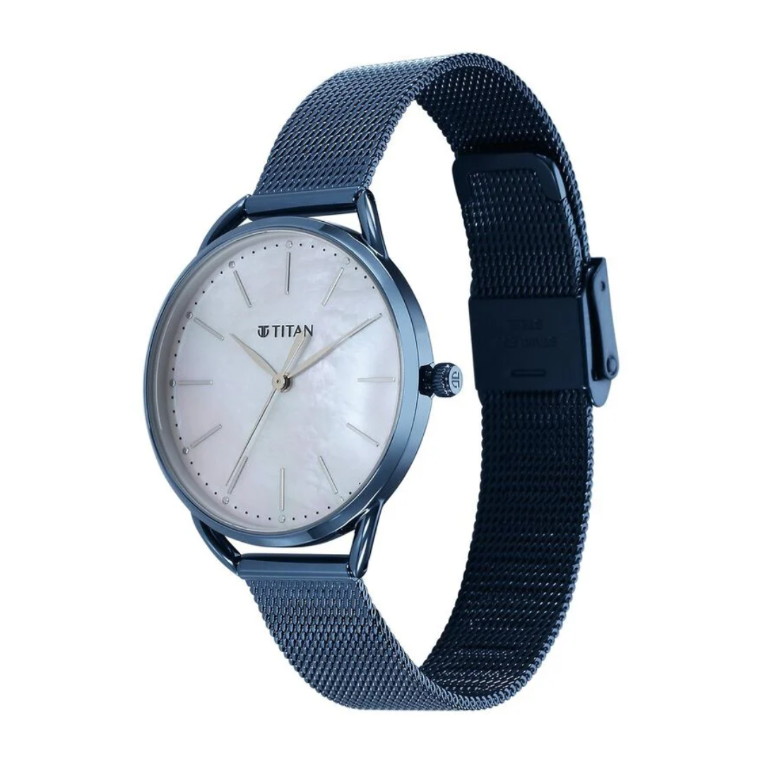 Titan Slimline Quartz Analog Mother Of Pearl Dial Blue Stainless Steel Strap Watch for Women 95180QM01 / NS95180QM01