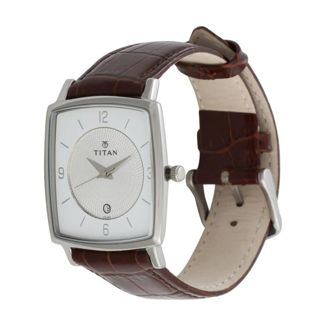 Titan Quartz Analog with Date Silver Dial Leather Strap Watch for Men 9159SL01