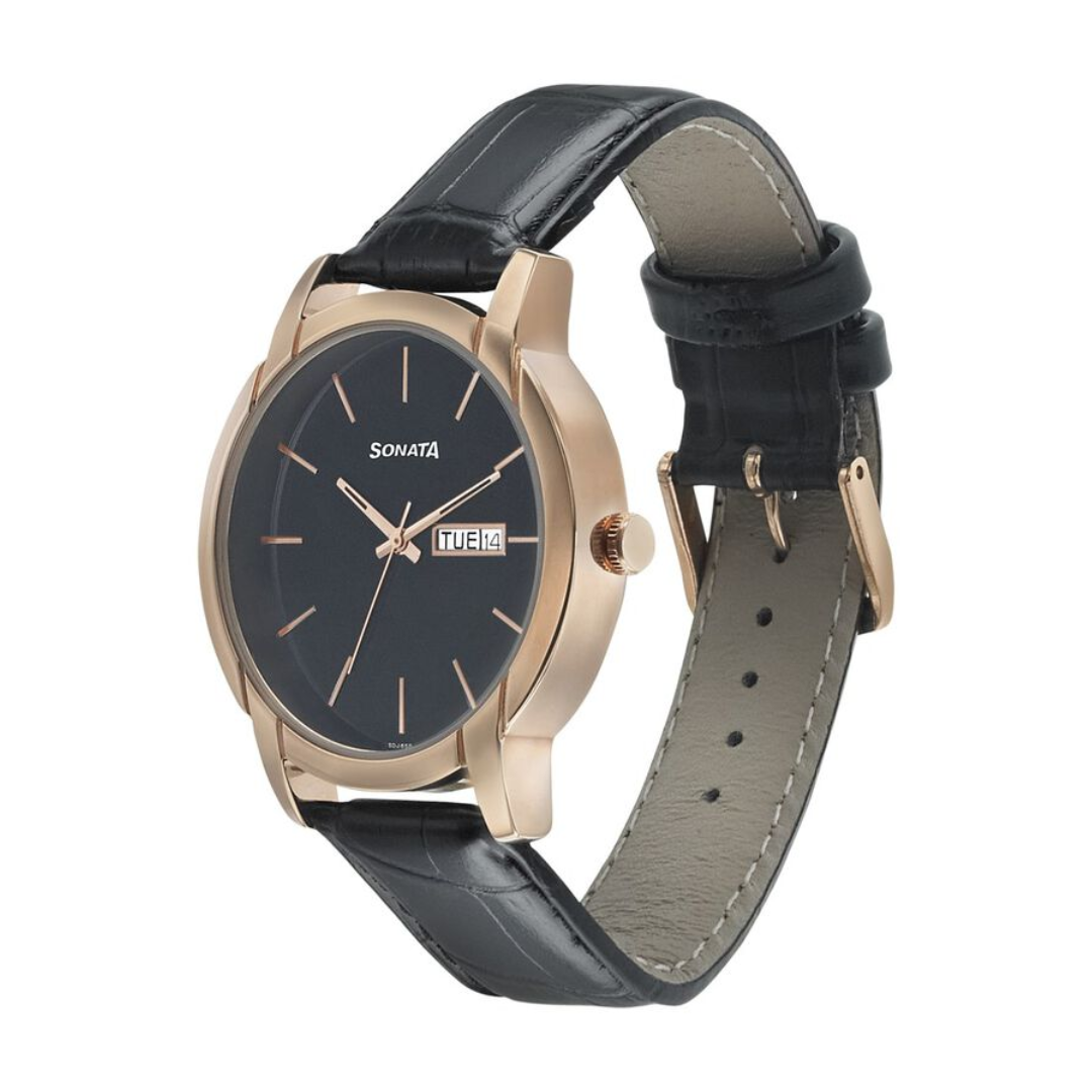 Beyond Gold Black Dial Leather Strap Watch 77031WL05 (SDJ658)