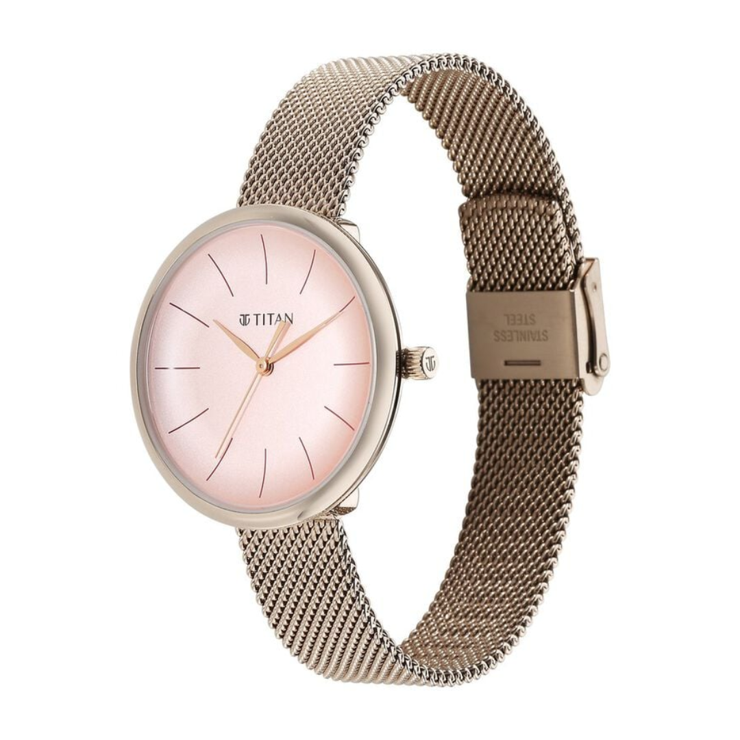 Titan Slimline Quartz Analog Pink Dial Rose Gold Stainless Steel Strap Watch for Women 95182WM01 / NS95182WM01