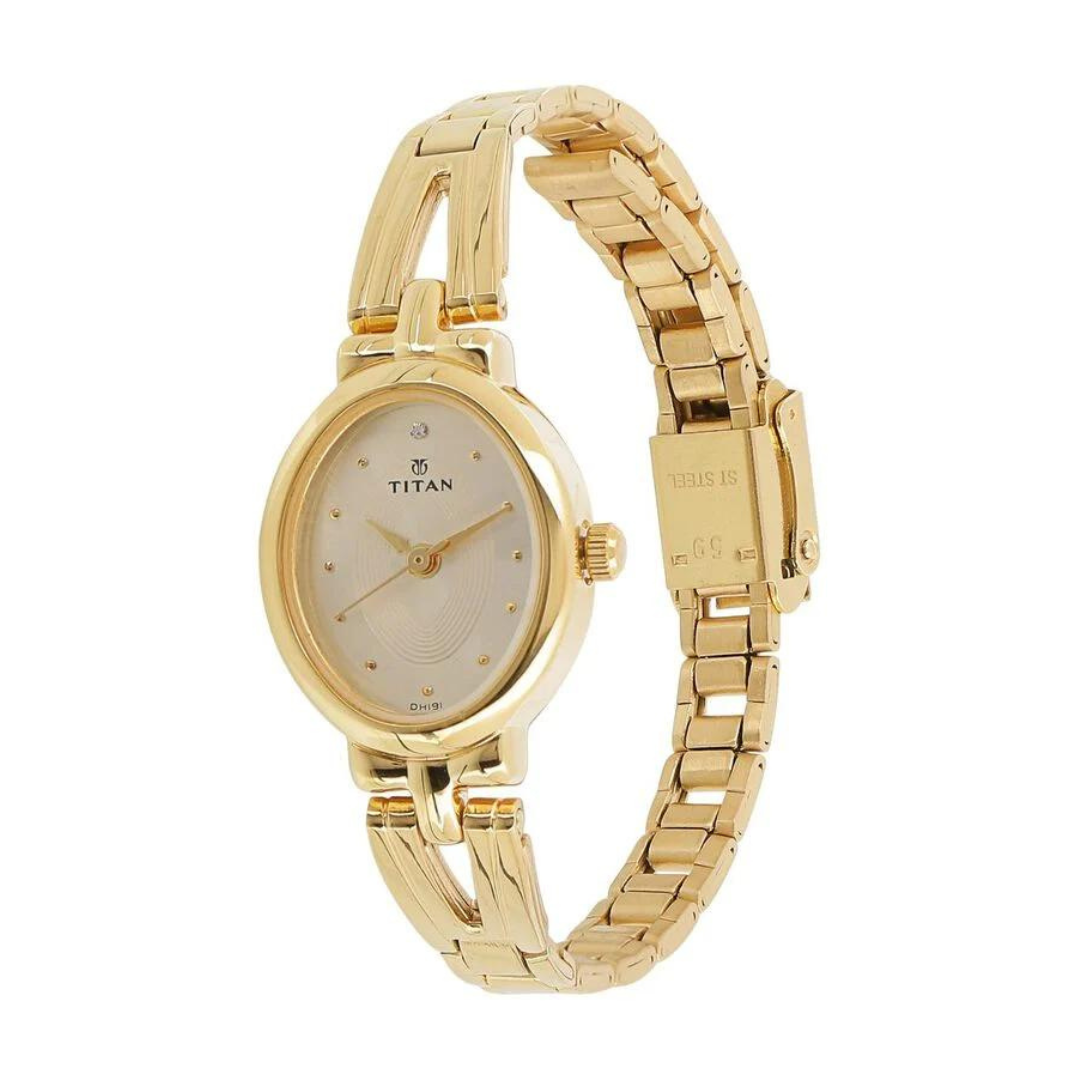 Titan Quartz Analog Champagne Dial Stainless Steel Strap Watch for Women 2594YM01 (DH191)