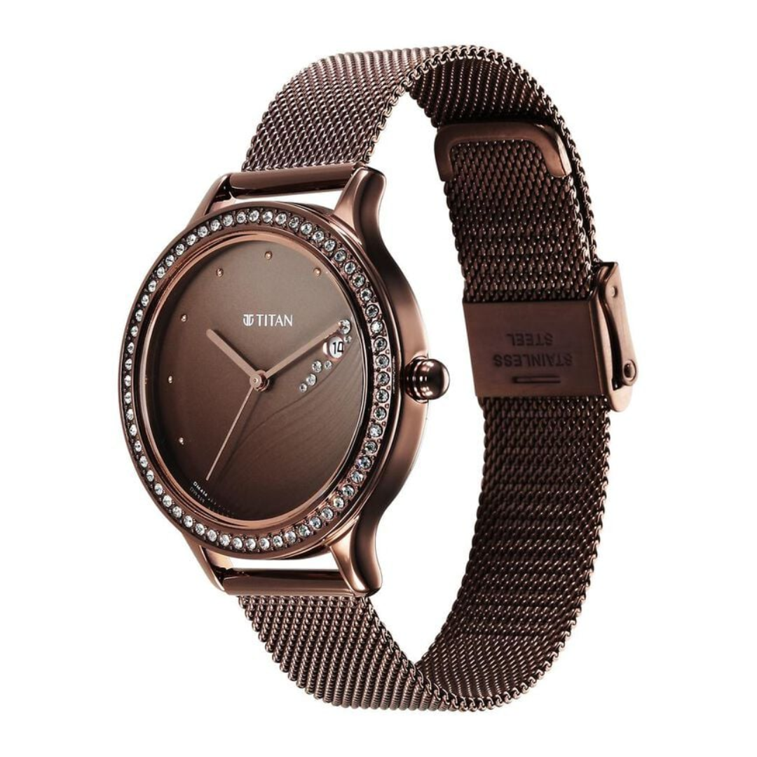 Titan Purple Glam It Up Brown Dial Analog with Date Stainless Steel Strap Watch for Women 2634QM01