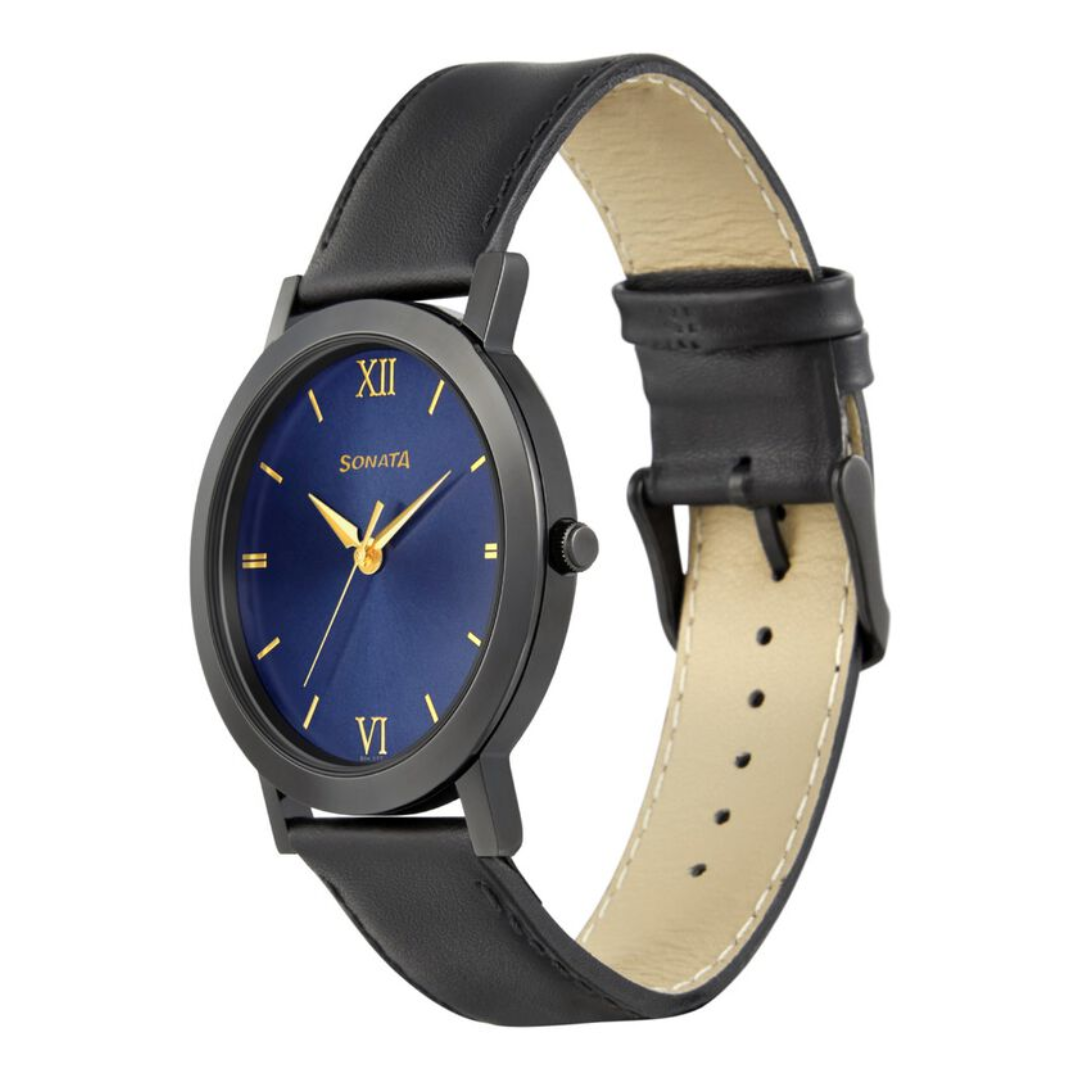 Beyond Gold Blue Dial Leather Strap Watch NP77108NL01W