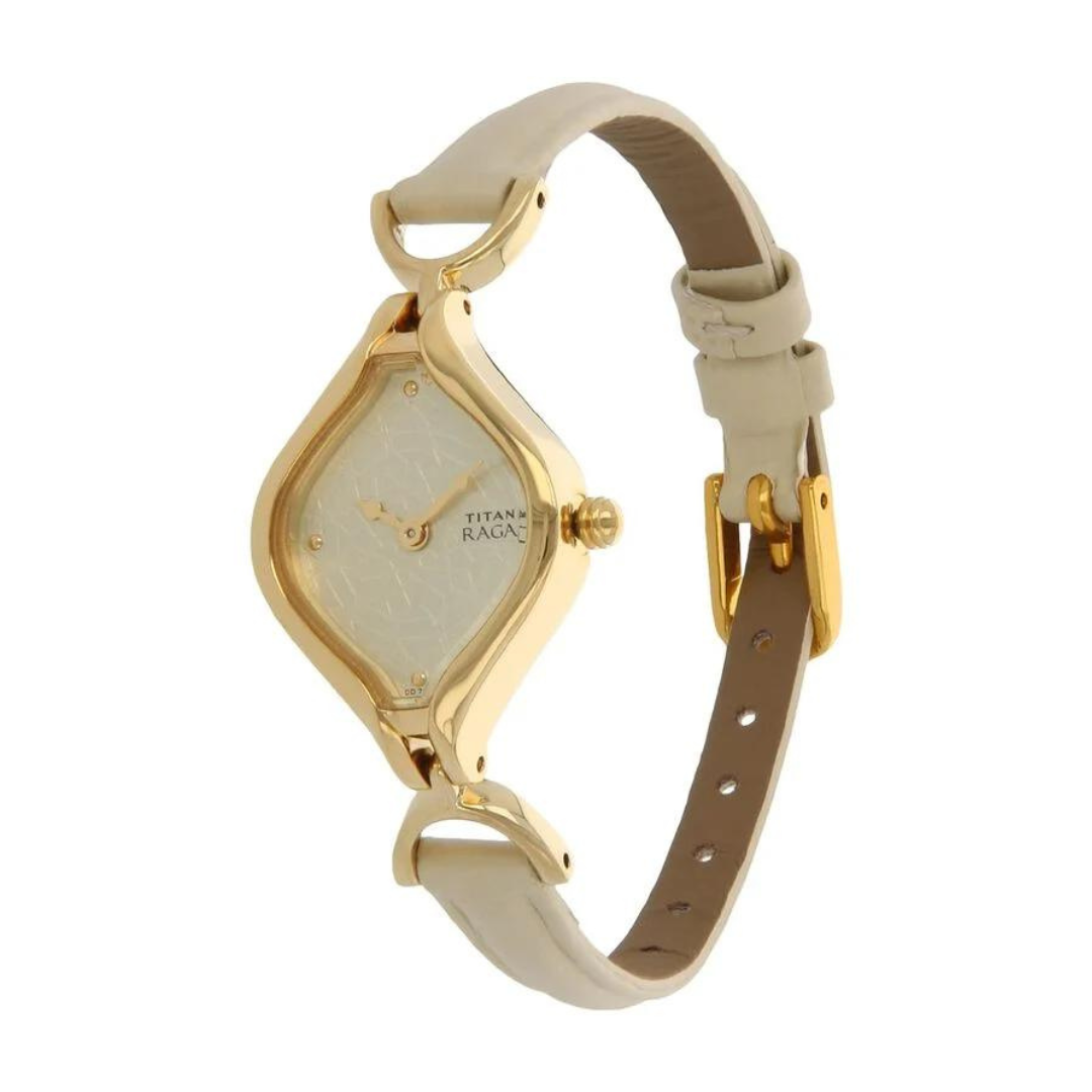 Titan Raga Champagne Dial Analog Leather Strap Watch for Women 2531YL01