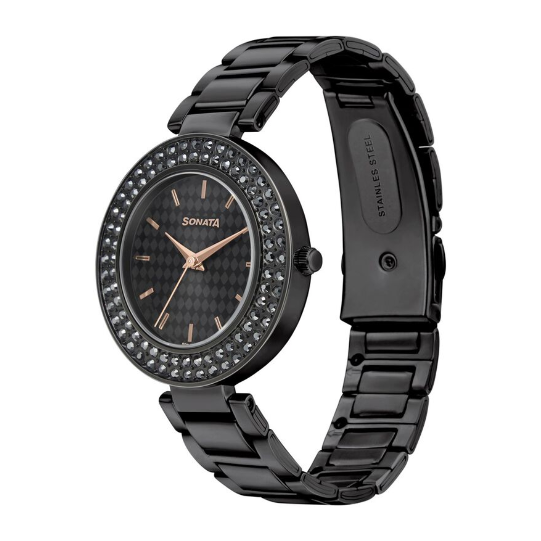 Blush It Up Black Dial Women Watch With Stainless Steel Strap