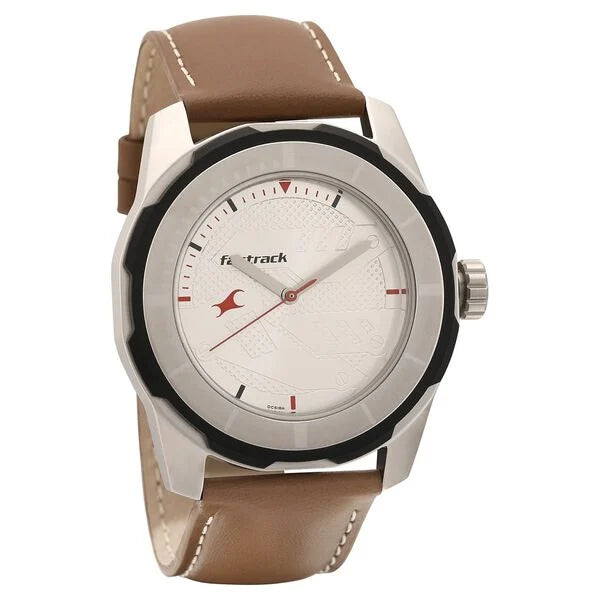 Fastrack Quartz Analog Silver Dial Leather Strap Watch for Guys NS3099SL01