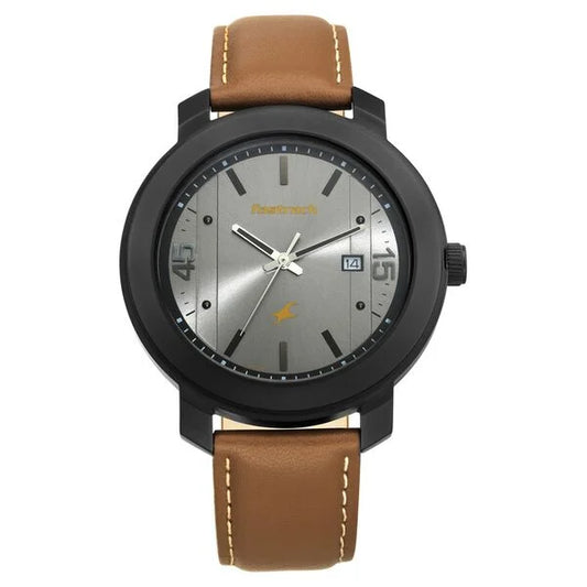 Fastrack Bare Basics Quartz Analog with Date Grey Dial Leather Strap Watch for Guys NS3246NL01