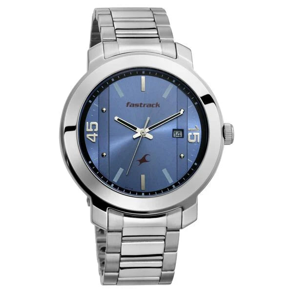 Fastrack Bare Basics Quartz Analog with Date Blue Dial Stainless Steel Strap Watch for Guys  NS3246SM03