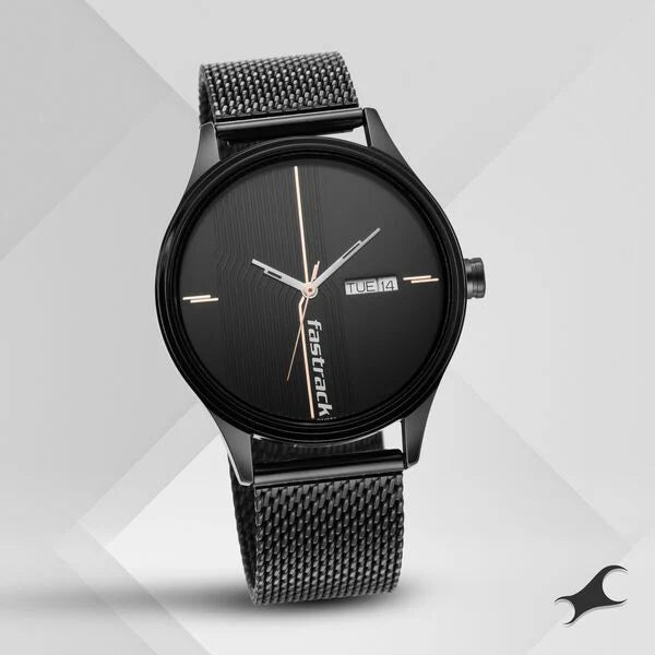 Fastrack Style Up Quartz Analog with Day and Date Black Dial Stainless Steel Strap Watch for Guys ns3247nm03 / 3247nm03