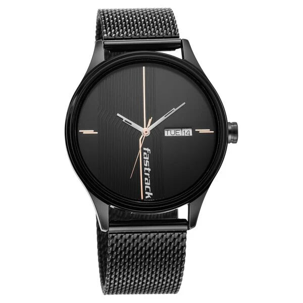 Fastrack Style Up Quartz Analog with Day and Date Black Dial Stainless Steel Strap Watch for Guys ns3247nm03 / 3247nm03