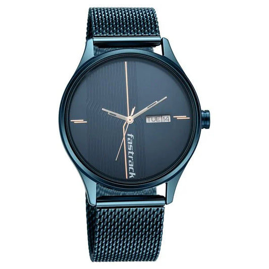 Fastrack Style Up Quartz Analog with Day and Date Blue Dial Stainless Steel Strap Watch for Guys NS3247QM01