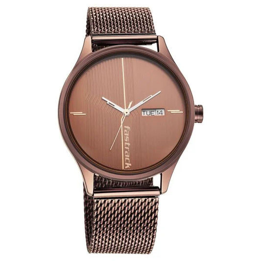 Fastrack Style Up Quartz Analog with Day and Date Brown Dial Stainless Steel Strap Watch for Guys NS3247QM02