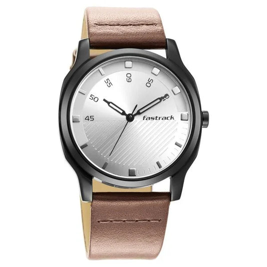 Fastrack Stunners Quartz Analog Silver Dial Leather Strap Watch for Guys NS3255NL02