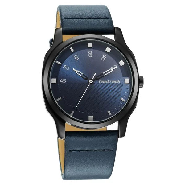 Fastrack Stunners Quartz Analog Blue Dial Leather Strap Watch for Guys ns3255nl03 / 3255nl03