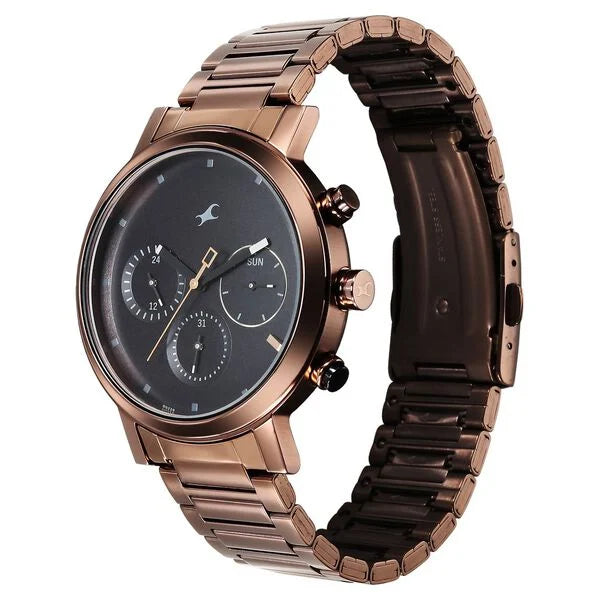 Fastrack Tick Tock Quartz Analog Black Dial With Brown Stainless steel Strap Watch for Guys 3287km07