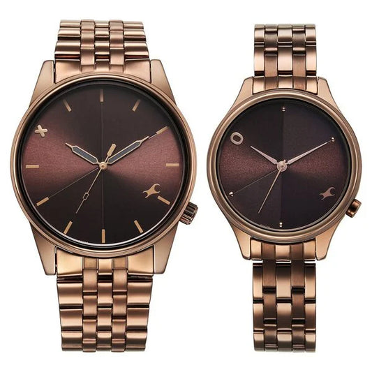 Fastrack Mixmatched Quartz Analog Brown Dial With Brown Metal Strap Watch For Couple 33056296qm02p