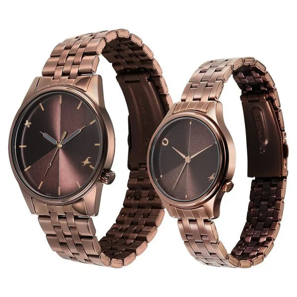 Fastrack Mixmatched Quartz Analog Brown Dial With Brown Metal Strap Watch For Couple 33056296qm02p