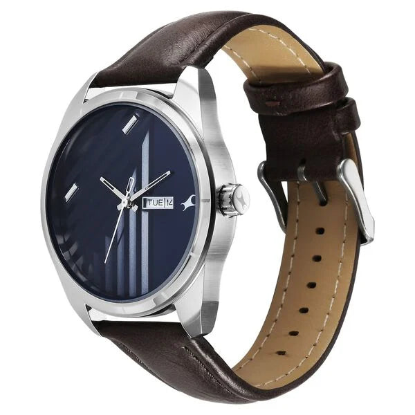 Fastrack Fleek Quartz Analog with Day and Date Blue Dial Leather Strap Watch For Guys 3313sl01