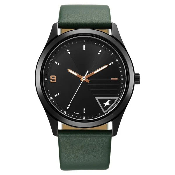 Fastrack Stunners Quartz Analog Black Dial Green Leather Strap Watch For Guys 3317nl01