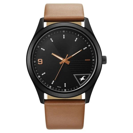 Fastrack Stunners Quartz Analog Black Dial Brown Leather Strap Watch For Guys 3317nl02