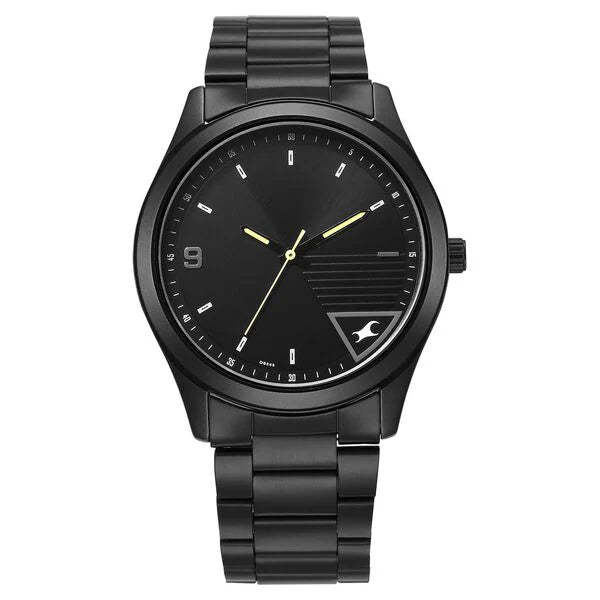 Fastrack Stunners Quartz Analog Black Dial Black Metal Strap Watch For Guys 3317nm01