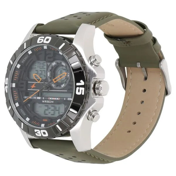 Fastrack Quartz Analog Digital Orange Dial Leather Strap Watch for Guys ns38035sl03 / 38035sl03