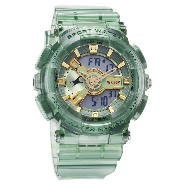 Fastrack StreetStyle Ana Digi Analog Digital Digital Dial Translucent Green PU Strap Watch For Guys 38116pp01