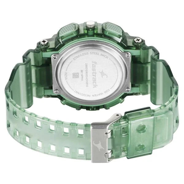 Fastrack StreetStyle Ana Digi Analog Digital Digital Dial Translucent Green PU Strap Watch For Guys 38116pp01