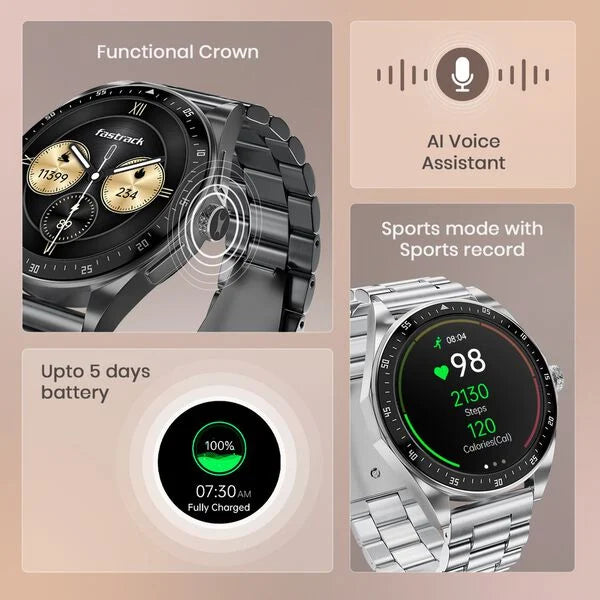 Fastrack Radiant FX1 Luxury Metal Smartwatch with 3.6 cm AMOLED Display, SingleSync BT Calling, Functional Crown 38123nm01