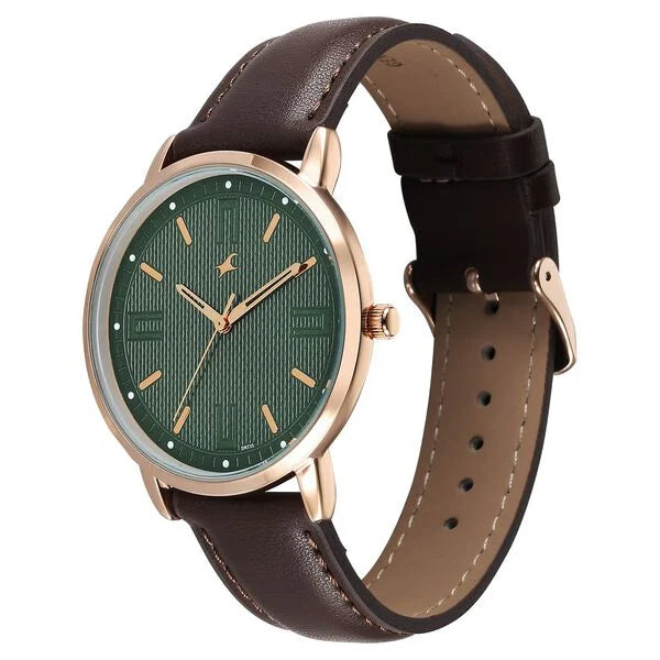 Fastrack Stunners X Quartz Analog Green Dial Leather Strap Watch For Guys 38159wl01