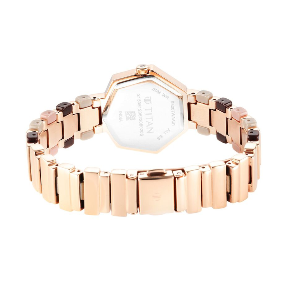 Titan Glitz Rose Gold Dial Analog Metal and Plastic Strap watch for Women 95207WD01