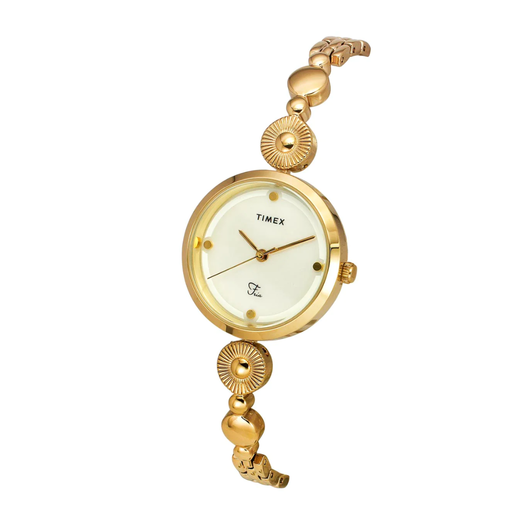 Timex Fria Women Off White Dial Round Analog Brass Dial Watch- TWEL18200