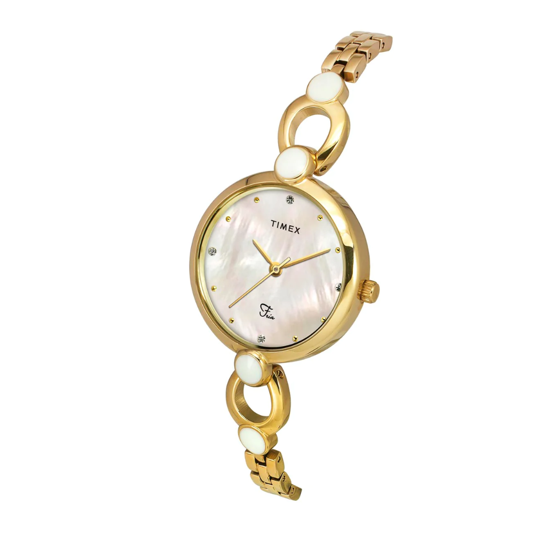 Timex Fria Women Off White Dial Round Analog Brass Dial Watch TWEL18101