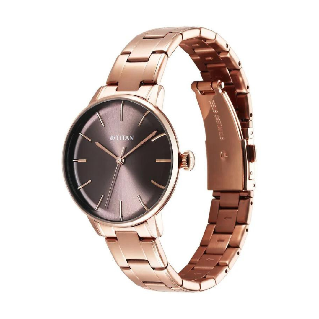 Titan TGIF Quartz Analog Brown Dial Rose Gold Stainless Steel Strap Watch for Women 95248WM01 (DP372)