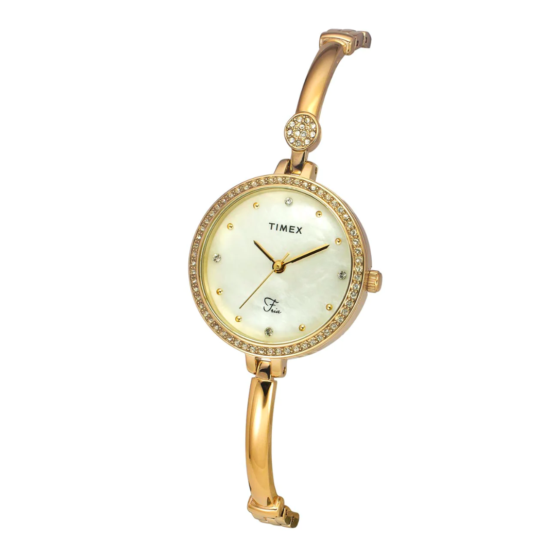 Timex Fria Women's Off White Dial Round Analog Brass Dial Watch TWEL18401