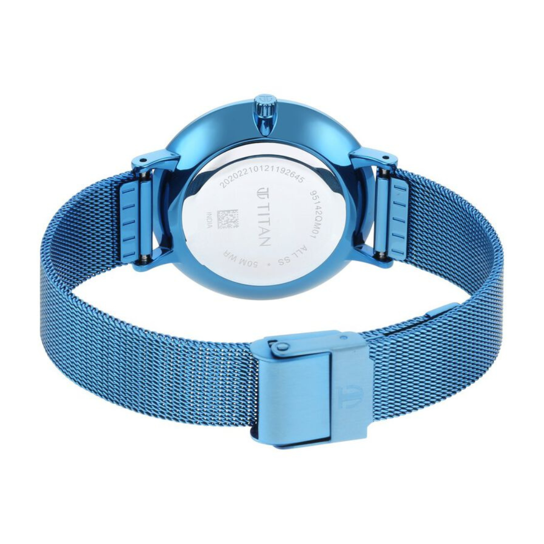 Titan Slimline Blue Dial Analog Stainless Steel Strap watch for Women 95142QM01